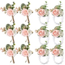12 Pcs Pink Wedding Wrist Corsage, Boutonniere Set, Rose, Prom, Accessories