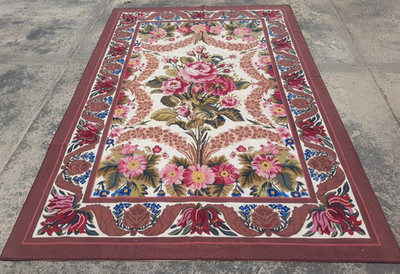 Vintage Französischer Blumen Nadelspitze Handarbeit Mehrfarbig Teppich Wollteppich 268x177 cm