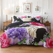 Black Quilt Set Queen Size, 3 Pieces Elegant Floral Bedspread Coverlet Set wi...
