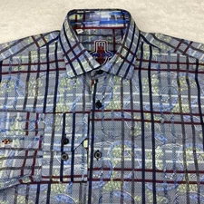 Luchiano Visconti Mens Dress Shirt Medium Blue Paisley Checks Flip Cuffs
