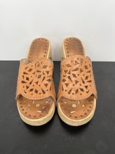 Y2K Vintage Wedge Sandals 5 Tan Leather Chunky Platform Wooden Block Heel Cutout