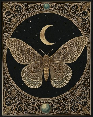 Moth Crescent Moon Stars Night Sky Celestial Gothic Fantasy Art Print