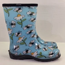 SLOGGERS Bumble Bee Flowers Daisy Print Blue Women's 8 Rain Boots Chore Garden 