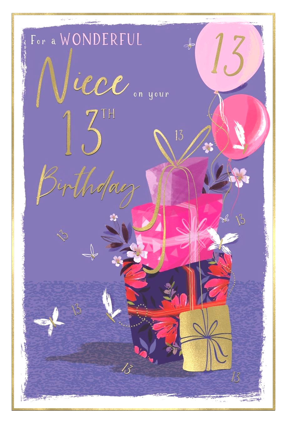 Birthday Card NIECE 13th 13. *Nine Inch Gold-Foiled Card, Paper pages inside*