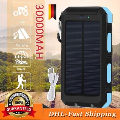 Solar Akku 30000mAh Wasserdicht 2 USB Anschlüsse mit LED für Camping Wandern