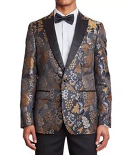 Paisley Gray Grosvenor Slim Fit Leaf Print Tux Jacket Men 46R Black Navy Gold