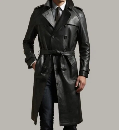 Mens Black Genuine Lambskin Leather Stylish Trench Coat Casual Style Long Coat video thumbnail