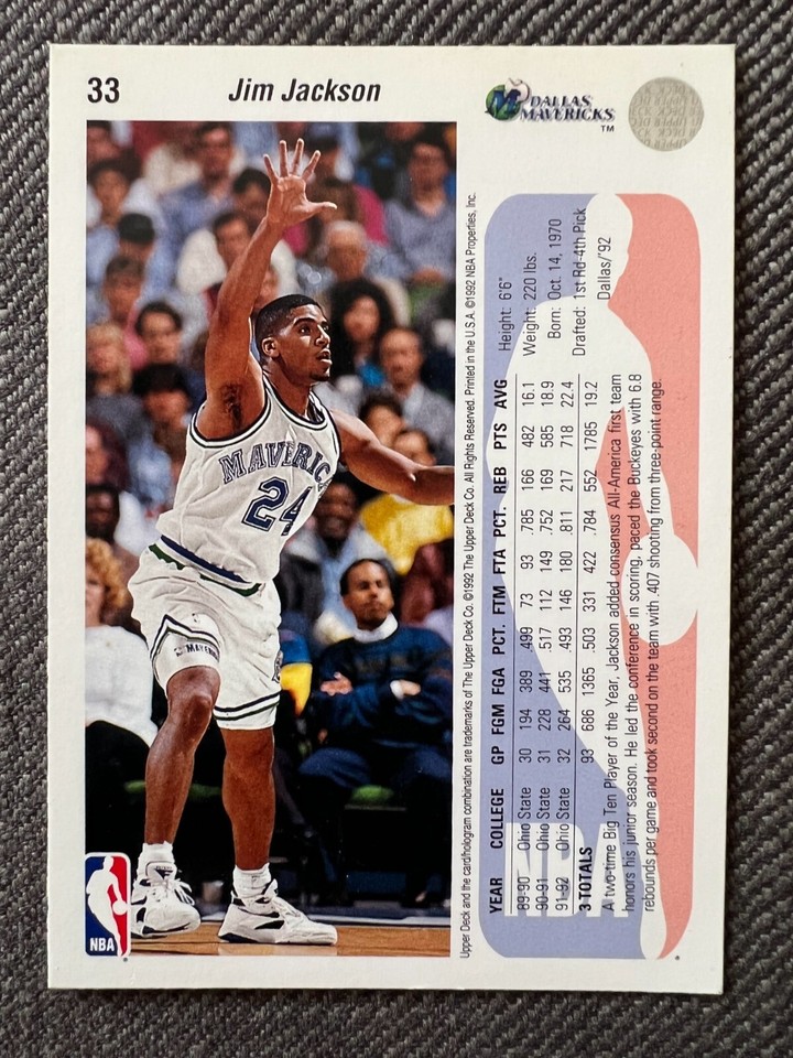 Jim Jackson Rookie Card 1992-93 Upper Deck Jim Jackson #33 Rookie Card Mavericks NBA Basketball ...