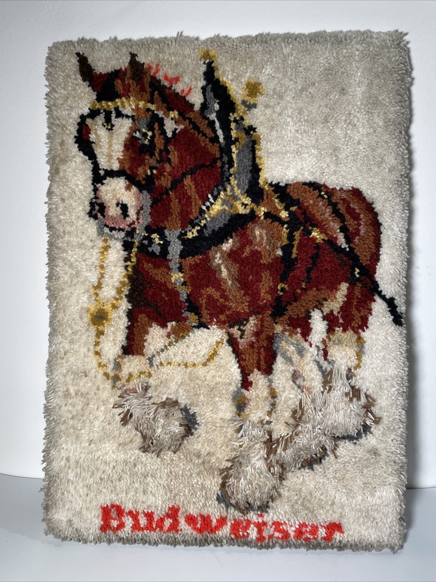 Vintage RARE Budweiser Beer Horse Latch Hook Rug Wall Hanging Art
