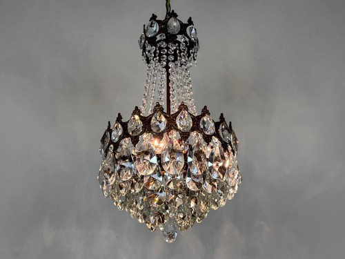 Antique / Vintage Brass & Crystals Chandelier Lighting, Ceiling Lamp Light 1950s - Picture 5 of 14