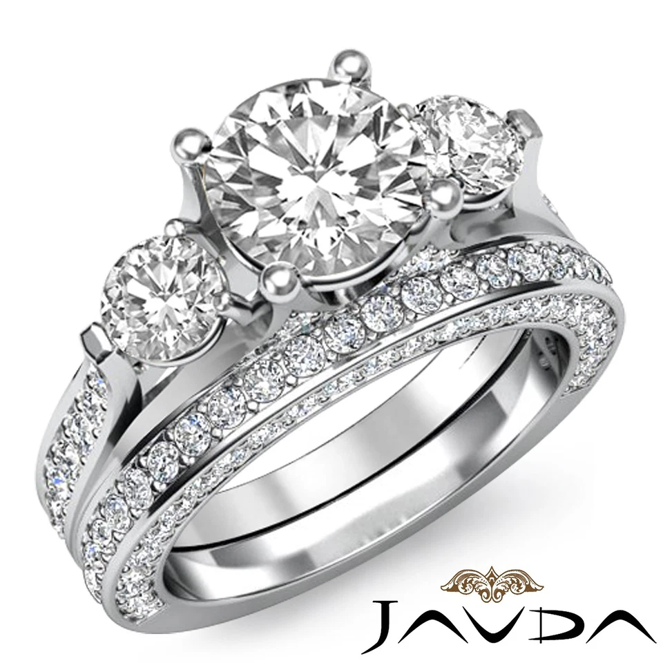 3 石新娘套装圆形钻石订婚戒指 GIA F SI1 14k 白金 4.5 克拉 — 第 2/4 张图片