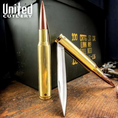 50 Caliber Brass Bullet Handle Folding Blade Knife Collectible 2nd Amendment