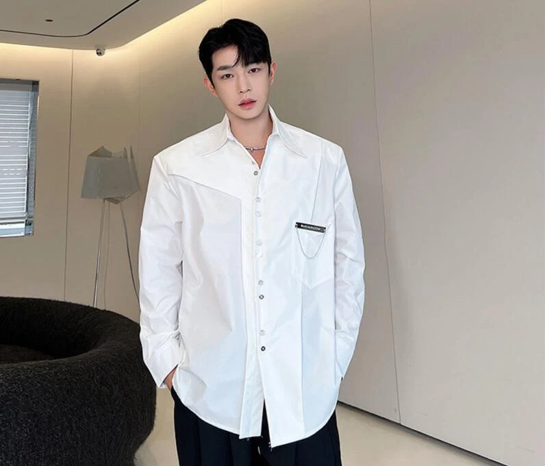 Men s New Fashion Lapel Long Sleeve Loose Metal Decor White Shirt
