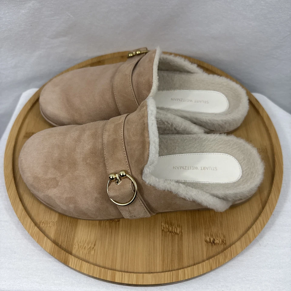 Zapatillas zueco Stuart Weitzman Luxering gamuza piel de oveja beige tostado para mujer 8,5 B Foto 3 de 4