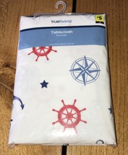 TabLecloth - White Blue Stars Nautical Vinyl Flannel Back 52 X 70 Inches