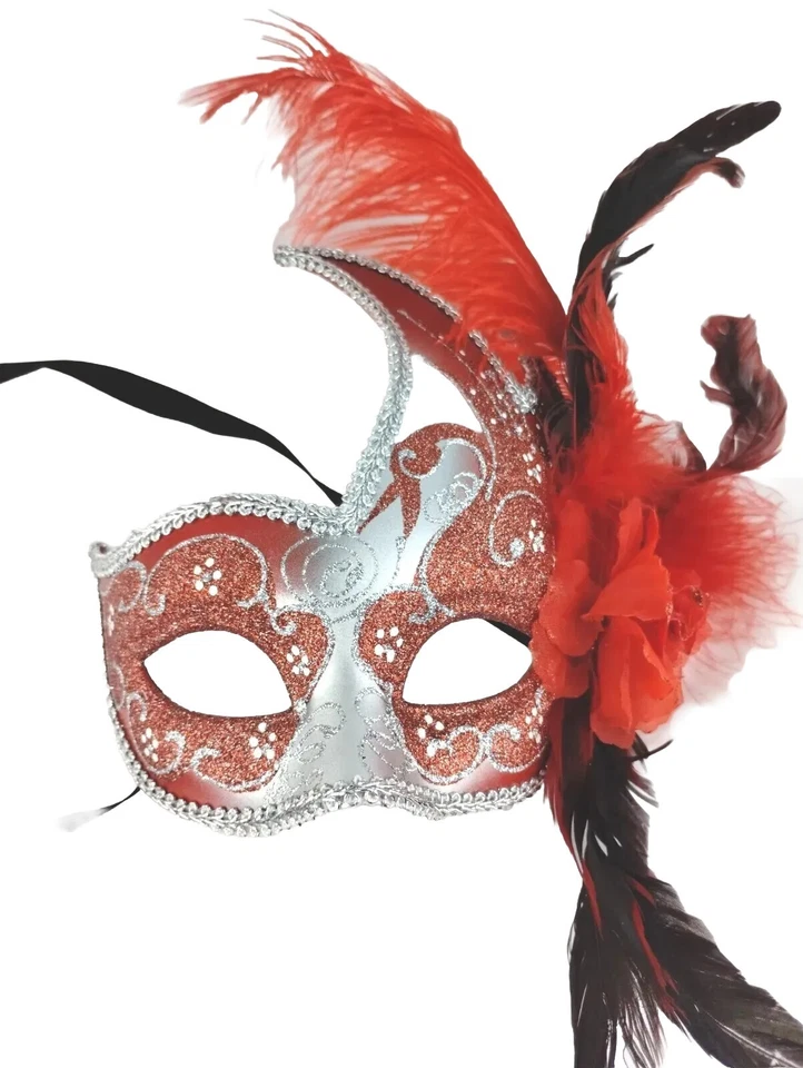Womens Party Mask Hard Masquerade Red On Silver With Red Black Bird Feather  - Image 3 of 4