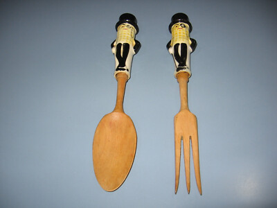 Lefton's MR. PEANUT Figural Handle SALAD SERVERS~Wooden 10'' FORK & SPOON