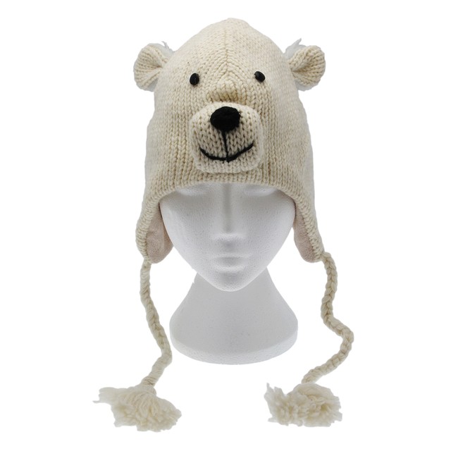 Hand Knitted Woolly Polar Bear Hat, Wool Knit Fleece Lined Animal Hat