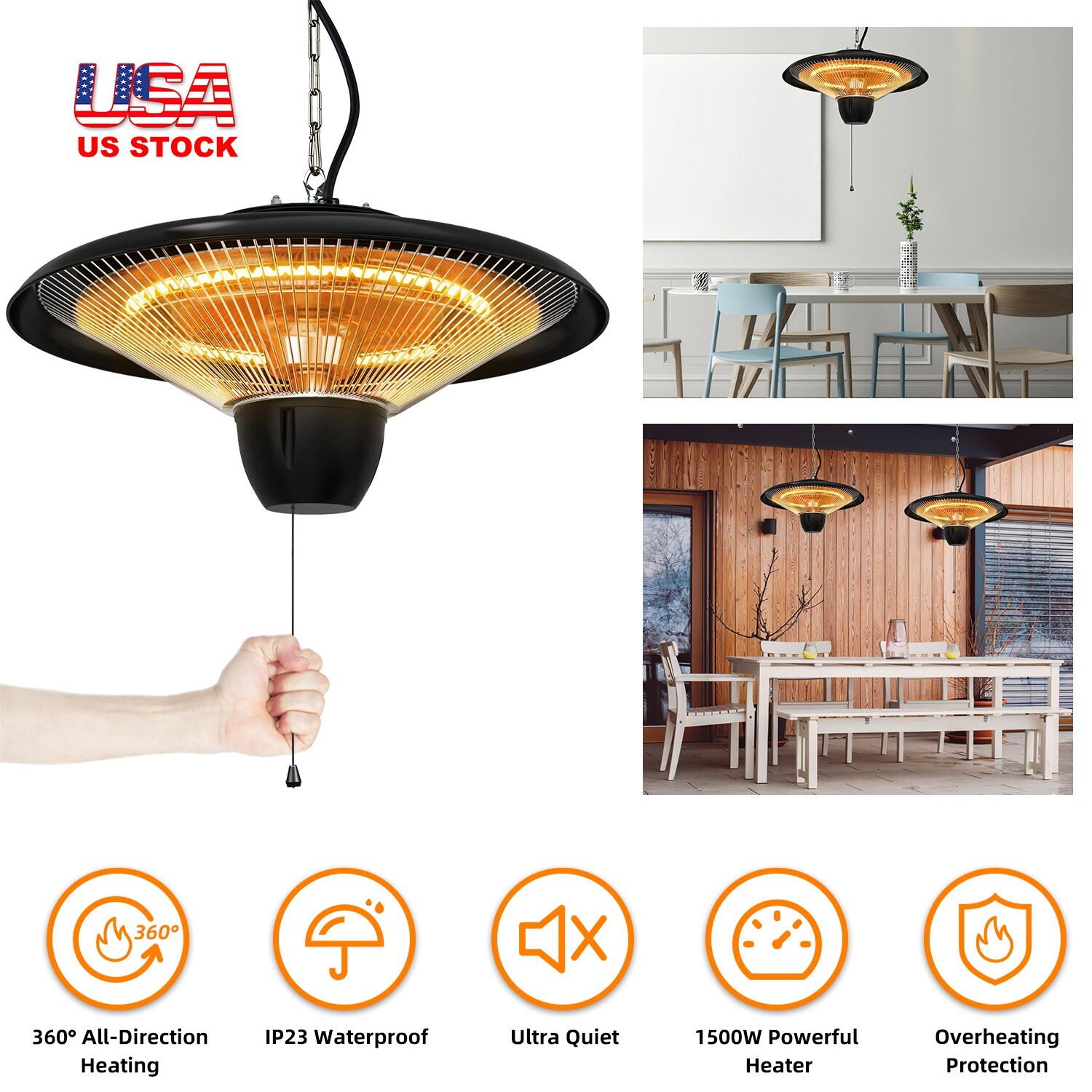 1500W Electric Hanging Patio Space Heater Ceiling Mounted Waterproof Outdoor