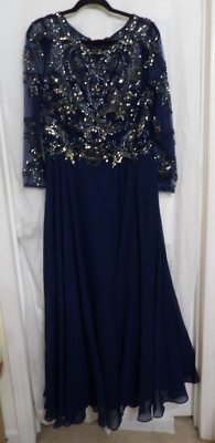 Xscape MASON'' LONG SLEEVE BEADED CHIFFON Long GOWN Sz14P Navy Blue Sparkling NWT