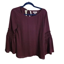 Loft Burgundy Scoop Neck Crochet Detail Bell Sleeve Blouse Size Mp