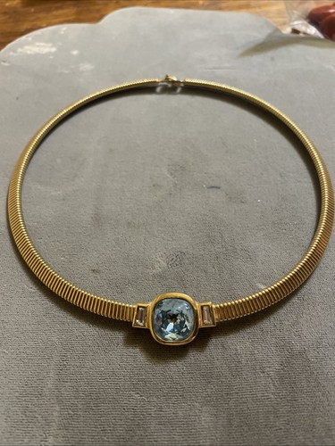 Vintage Christian DIOR Gold Tone Sky Blue Crystal Choker Collar Necklace