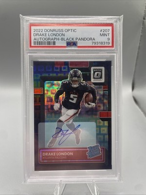 Drake London 2022  Donruss Optic #207 Black Pandora RC Rated Auto 06/25 PSA 9
