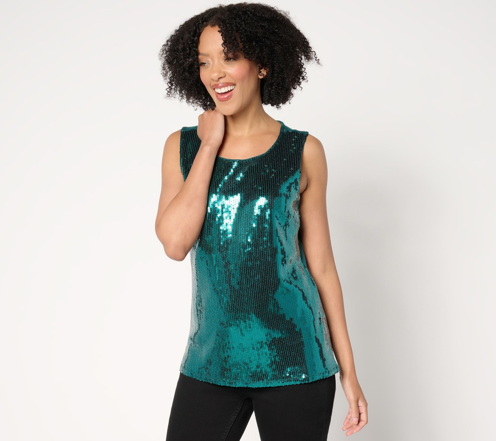 Denim & Co. Women's Top Sz L Sequin Front Scoop Neck Tank Green A667801