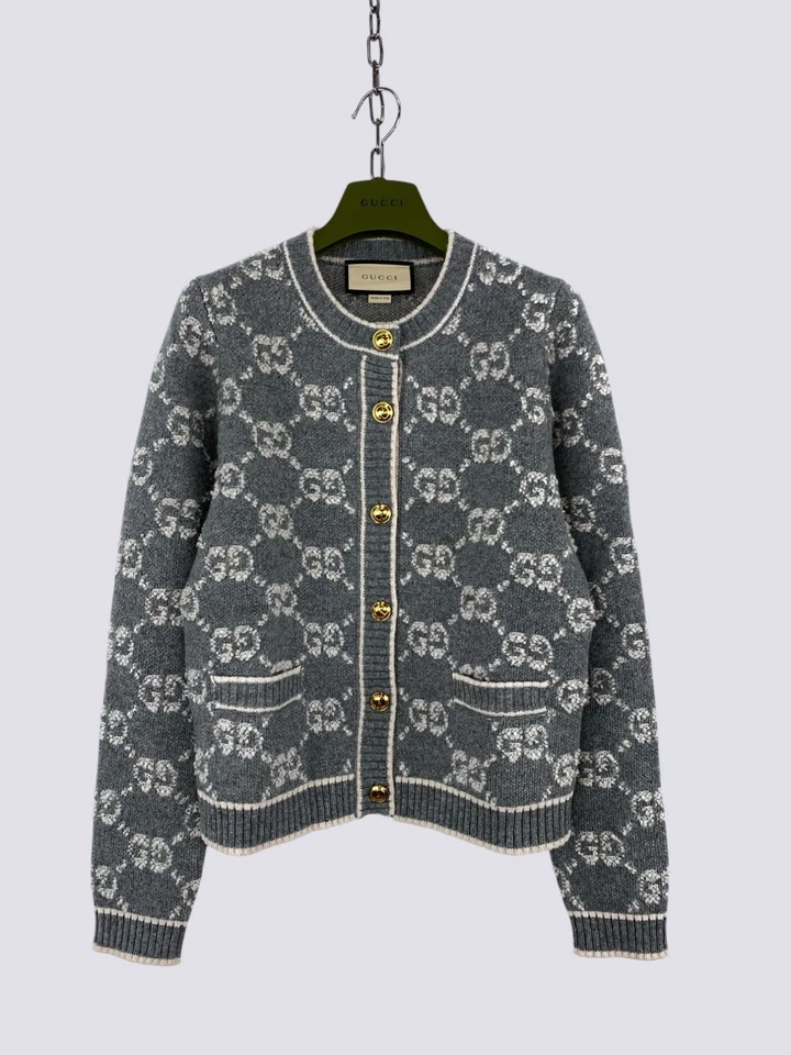Gucci GG Monograma Lana Rizado Jacquard Cárdigan Suéter Gris Talla M Foto 3 de 4