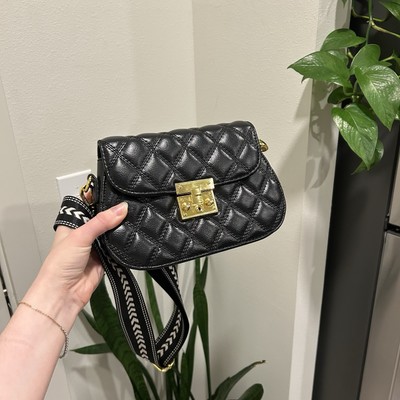 Crossbody quilted small bag w tribal printed canvas strap and many compartments