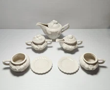 Vintage Miniature White Ceramic Tea Set — Embossed Floral — 10 Pc Dollhouse...