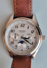 Mens Sekonda Moonphase Calendar Gents Brown Leather Strap Watch