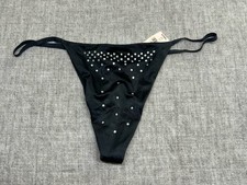 VINTAGE VICTORIAS SECRET SILKY SATIN BLACK RHINESTONE VSTRING THONG PANTY M NEW