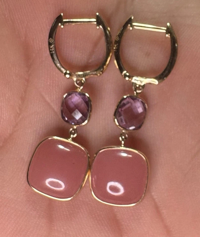 14k Yellow Gold Amethyst & Guava Quartz Bezel Dangle Earrings JewelMark 3.40G - Image 2 of 4