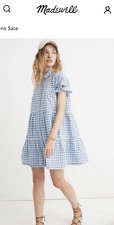 Madewell Gingham Tiered Mini ShirtDress Blue White Flutter Med Retail $118