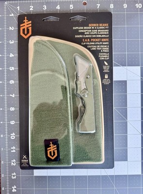 Gerber E.A.B. Pocket Knife & Green Beanie Set Utility Knife Money Clip New