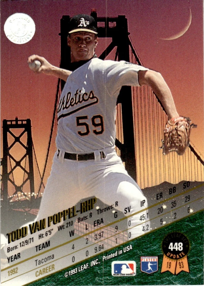 1993 Leaf Todd Van Poppel Oakland Athletics #448 13970 - Image 2 of 2