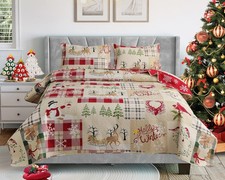 Christmas Quilt Set King Size 3-Piece Xmas Bedspread Reversible Coverlet Snow...