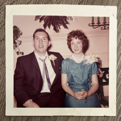 1950s-60s Found Photo Snapshot Well Dressed Cute Couple Poses Wedding Reception