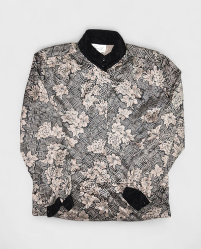 Vintage Silk Blouse Womens 8 Floral Long Sleeve Shirt Velour Trim 80s Button Up - Image 1