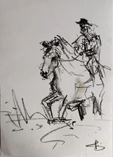 Cowboy Original Oil Pastel Drawing  12X8"  VIVEK MANDALIA Collectible Minimalist