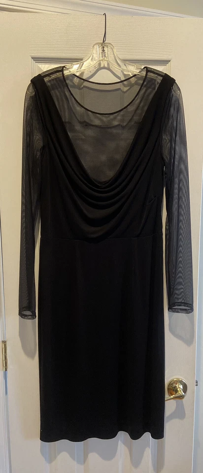 Vestido Vera Wang Mujer 12 Negro Malla Transparente Manga Larga Cuello Drapeado Cóctel Foto 4 de 4
