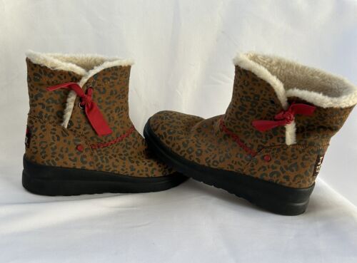 I Heart UGG Knotty Booties Women's Sz 8 Brown Black Cheetah Print Faux Fur Lined - Foto 1 di 10