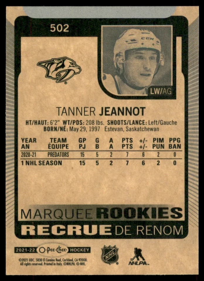 2021-22 O-Pee-Chee Tanner Jeannot RC #502 - Image 2 of 2