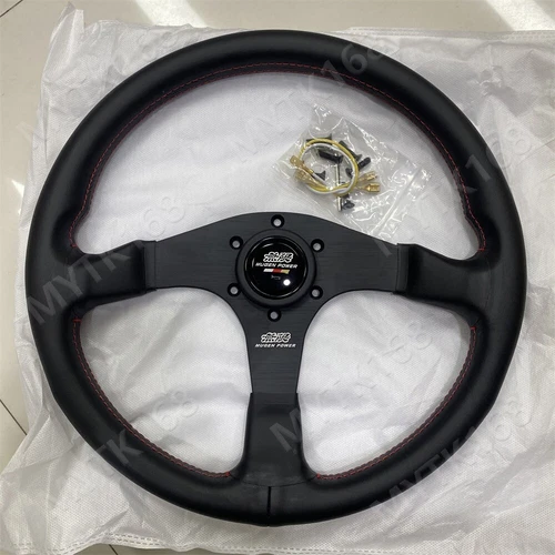 Mugen Genuine Leather Steering Wheel 340mm Flat bracket Drift Horn Red Stitching - Picture 5 of 8
