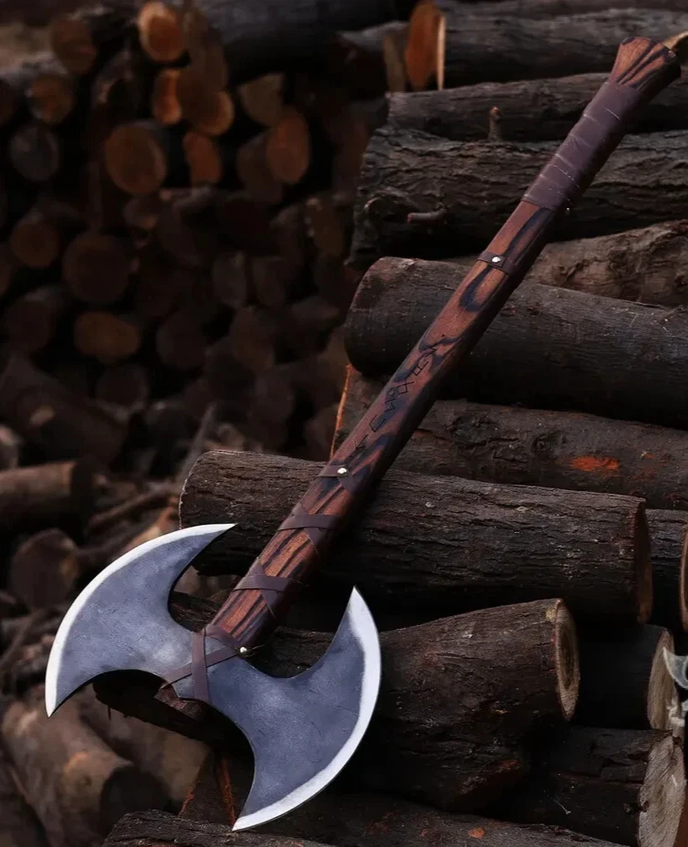 Handmade Double Headed Viking Carbon Steel Axe  Blade With Ash Wood Handle - Image 3 of 4