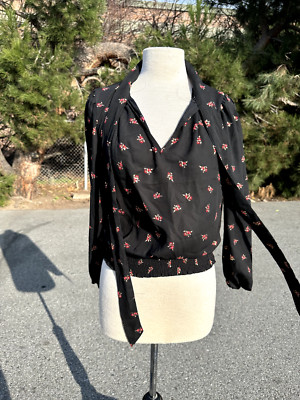 Rabbit Rose Shirt Medium Black Blouse Floral Collar Tie Long Sleeve Adult Womens
