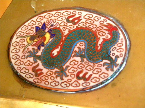 Antique Asian Brass box with Dragon Cloisonne Cartouches - Picture 16 of 21