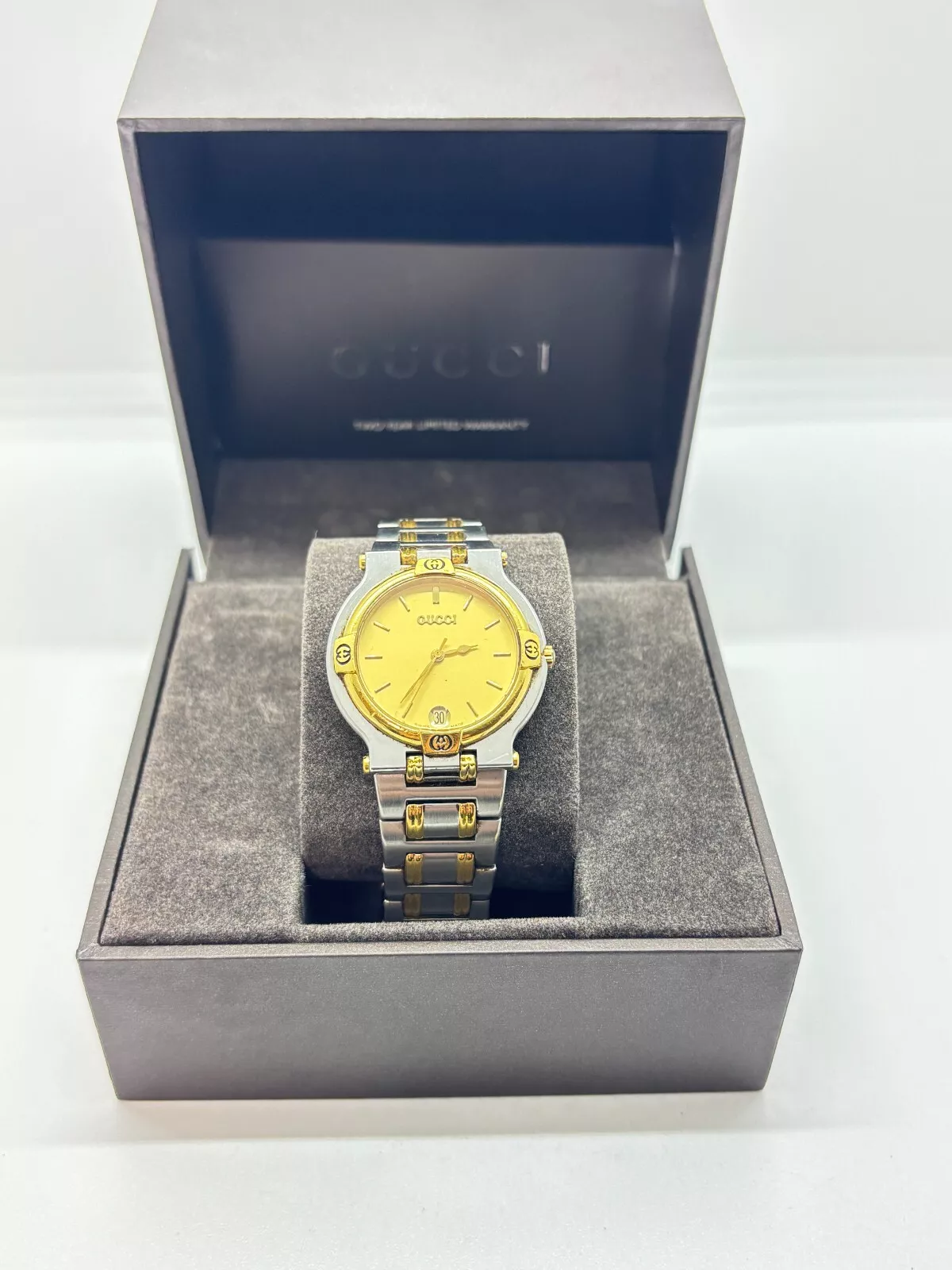 [Exc+5 avec boite] Montre Homme GUCCI 9000M Vintage OR Argent Occasion Fonctionne F/S