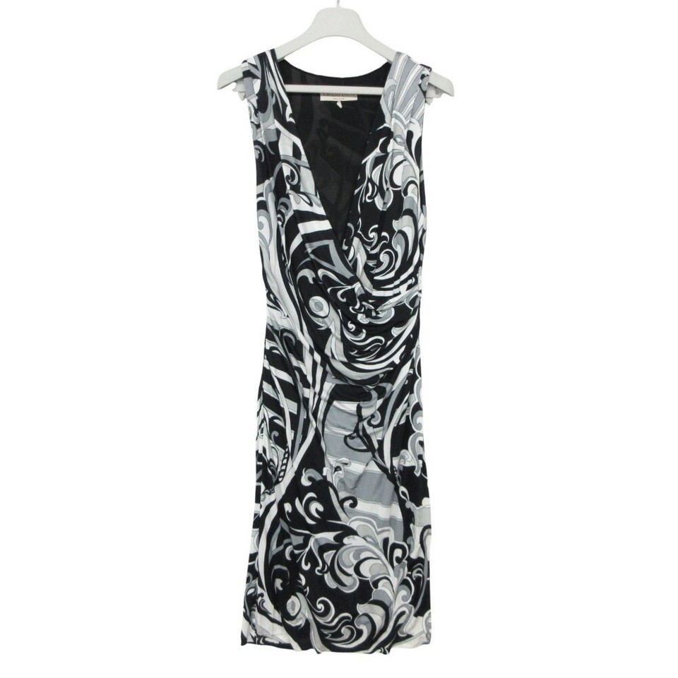 Emilio Pucci Gray Black Print Wrap Midi Dress Sleeveless V Neck Womens M